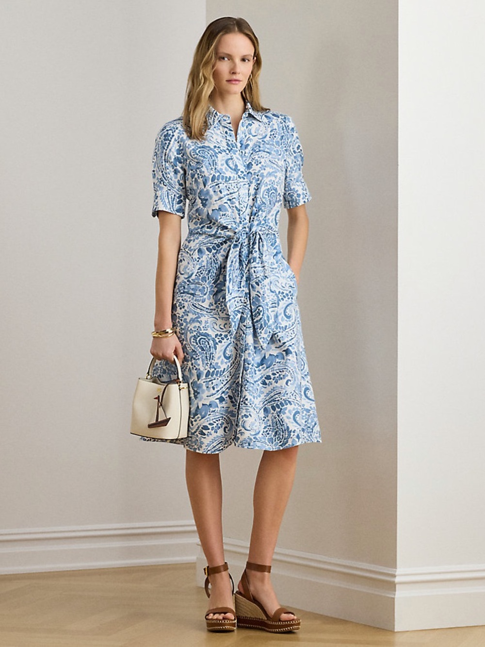 Lauren Ralph Lauren Blue Paisley Linen Shirt Dress Tie Waist Size 10 NWT $215